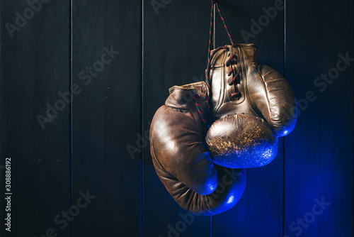 Boxing gloves, hanging on black wooden wall in blue light. Copy space.
