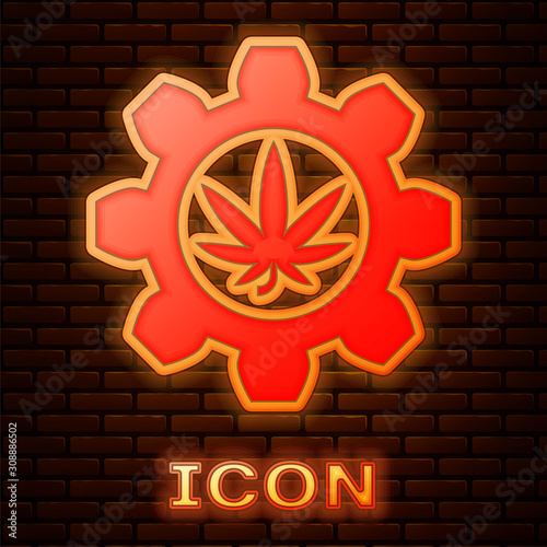 Glowing neon Chemical test tube with marijuana or cannabis leaf icon isolated on brick wall background. Research concept. Laboratory CBD oil concept. Vector Illustration