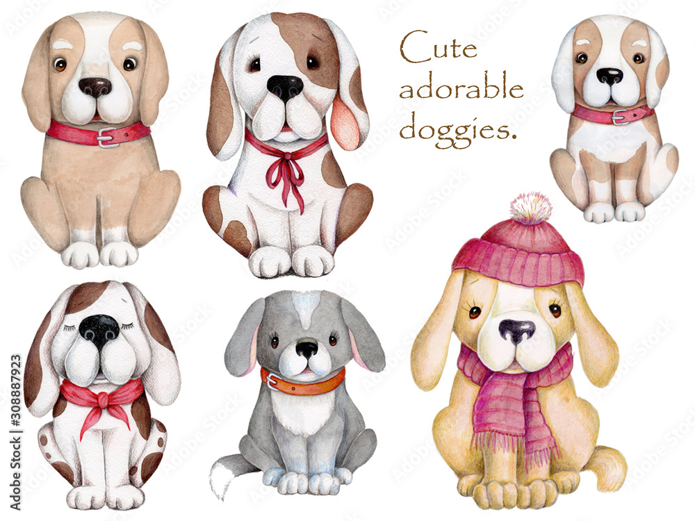Watercolor set of dogs, puppies, hand drawn, isolated. Watercolor set of dogs, puppies, hand drawn, isolated.