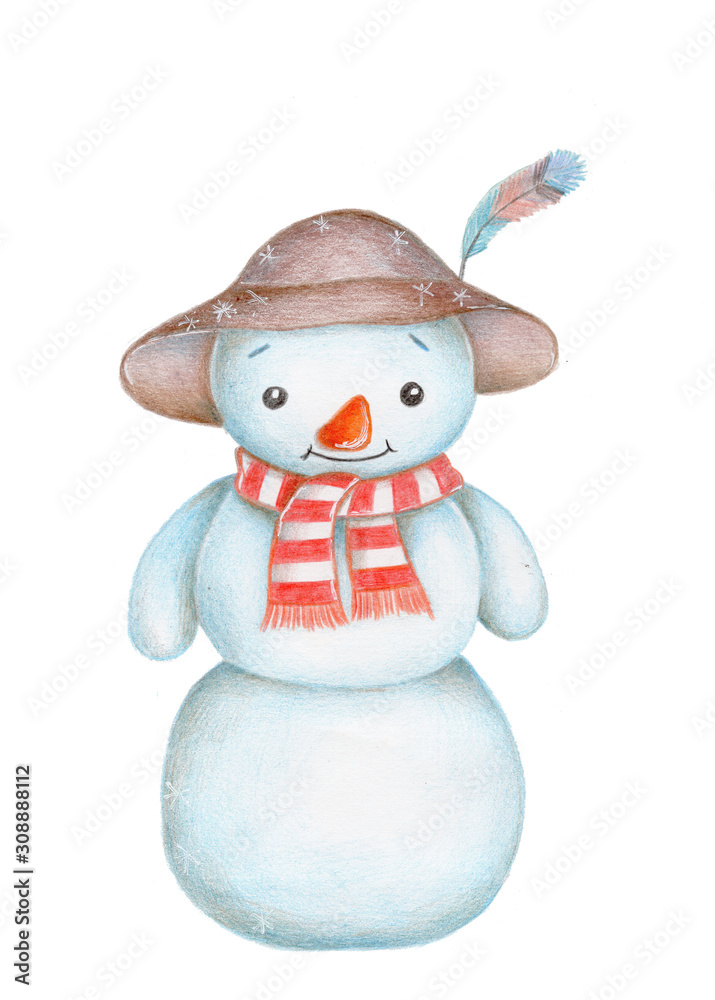 Watercolor hand drawn snowman in brown hat. Isolated. Watercolor hand drawn snowman in brown hat. Isolated.