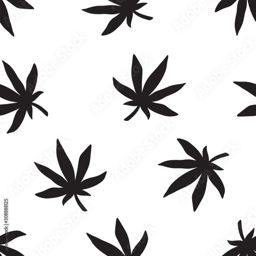 Silhouette cannabis leaf. Seamless vector pattern. Cartoon hand drawn marijuana on white background. Doodle flat illustration for textile, wallpaper, clothes, packaging