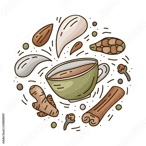 Masala tea, coffee or hot chocolate. Round doodle template. Hand drawn vector food concept. Contour illustration for card, sticker, poster. Color cartoon cup with isolated drops of milk and spices