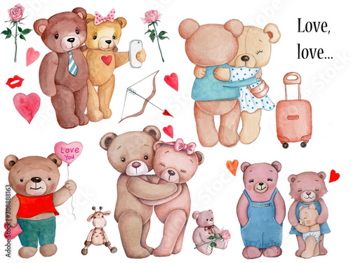 Set of watercolor tedy bears for Valentines Day  lovers. Isolated.