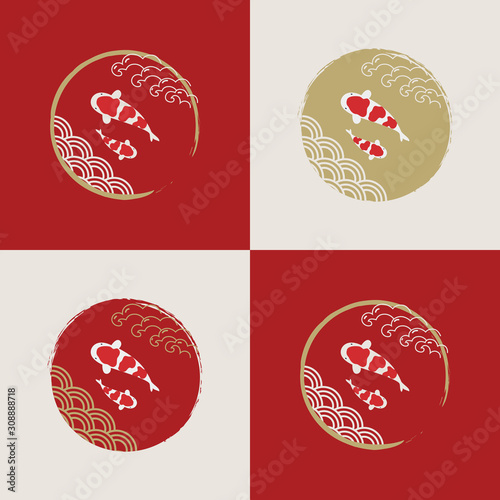 Koi carps with sun and wave. Hand drawn ink brushes in traditional Japanese style. Logo Template design vector Illustration.