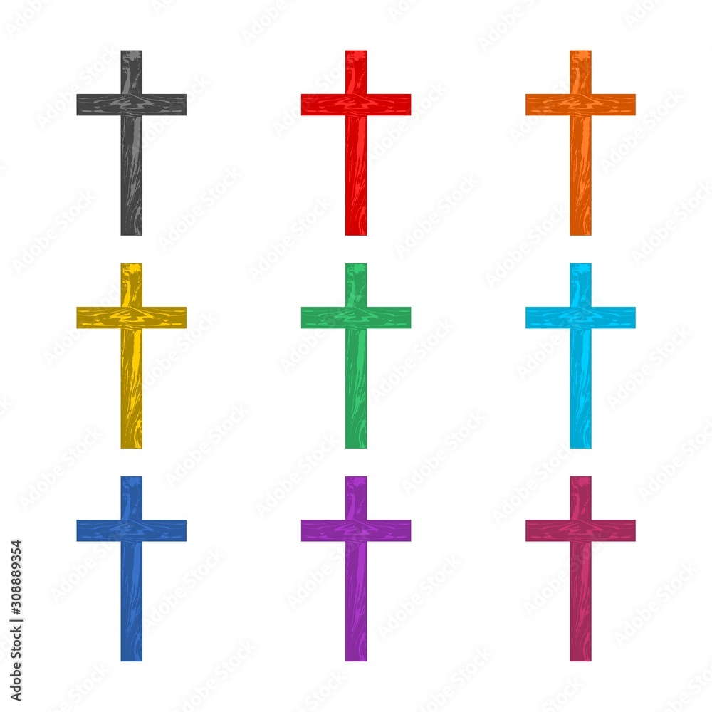 Wooden cross color icon set isolated on white background