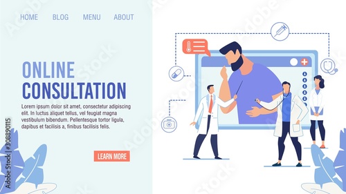 Online Medical Prof Consultation Offer. Cartoon Medical Staff Standing Front of Computer Monitor with Patient Complaining on Cough and Fever. Flat Landing Page Design. Vector Illustration
