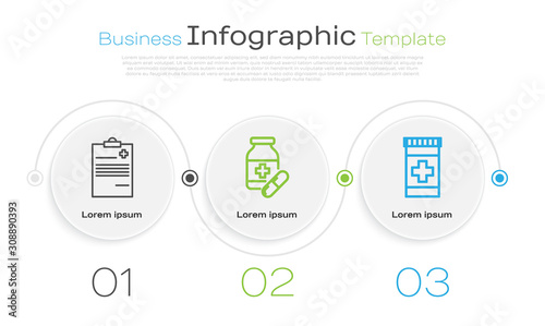 Set line Medical clipboard with clinical record, Medicine bottle and pills and Medicine bottle. Business infographic template. Vector