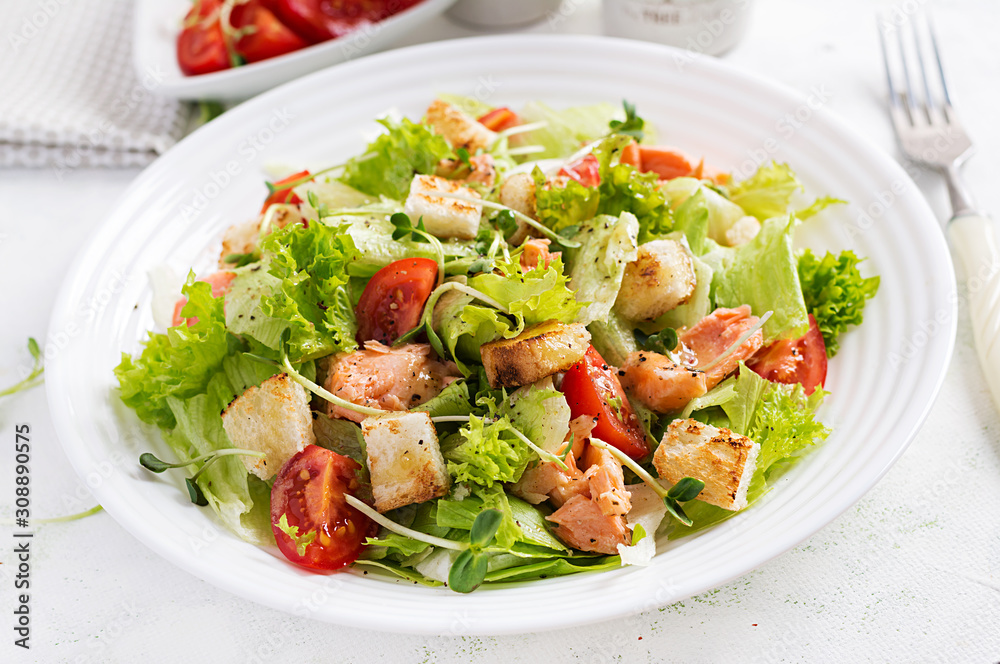 Caesar Salad with Salmon. Fish menu. Seafood - salmon. Caesar Salad with Salmon. Fish menu. Seafood - salmon.