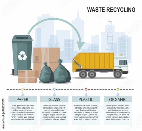 Garbage truck picking up recycle trash bin on city background . Sort plastic, organic, e-waste, glass, paper. 