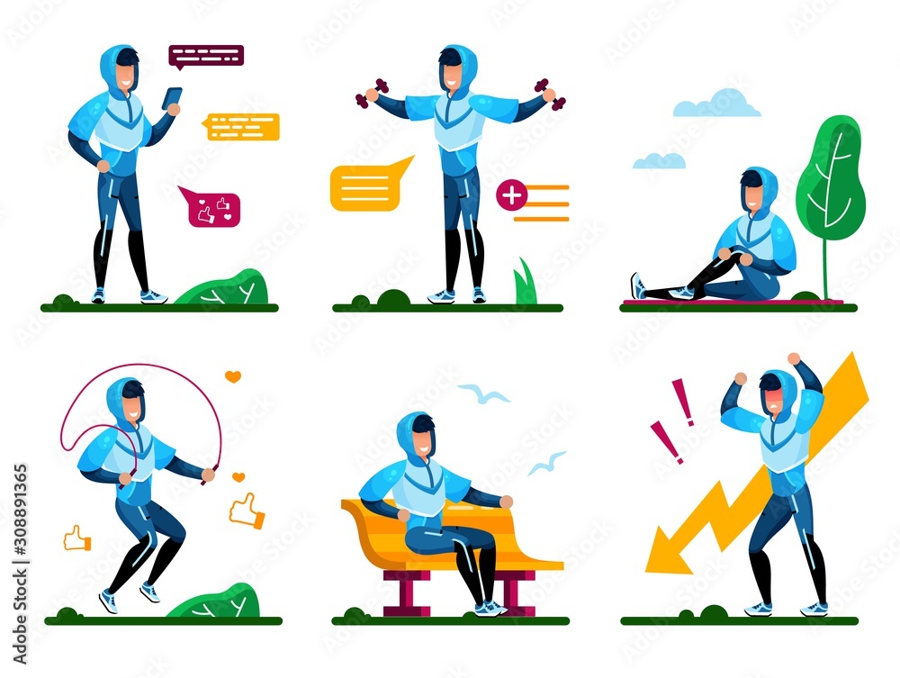 Healthy Lifestyle for Physical and Psychological Well-Being Trendy Flat Vector Concepts Set. Young Man Messaging with Cellphone, Doing Fitness Exercises Outdoor, Angry Because Problem Illustrations