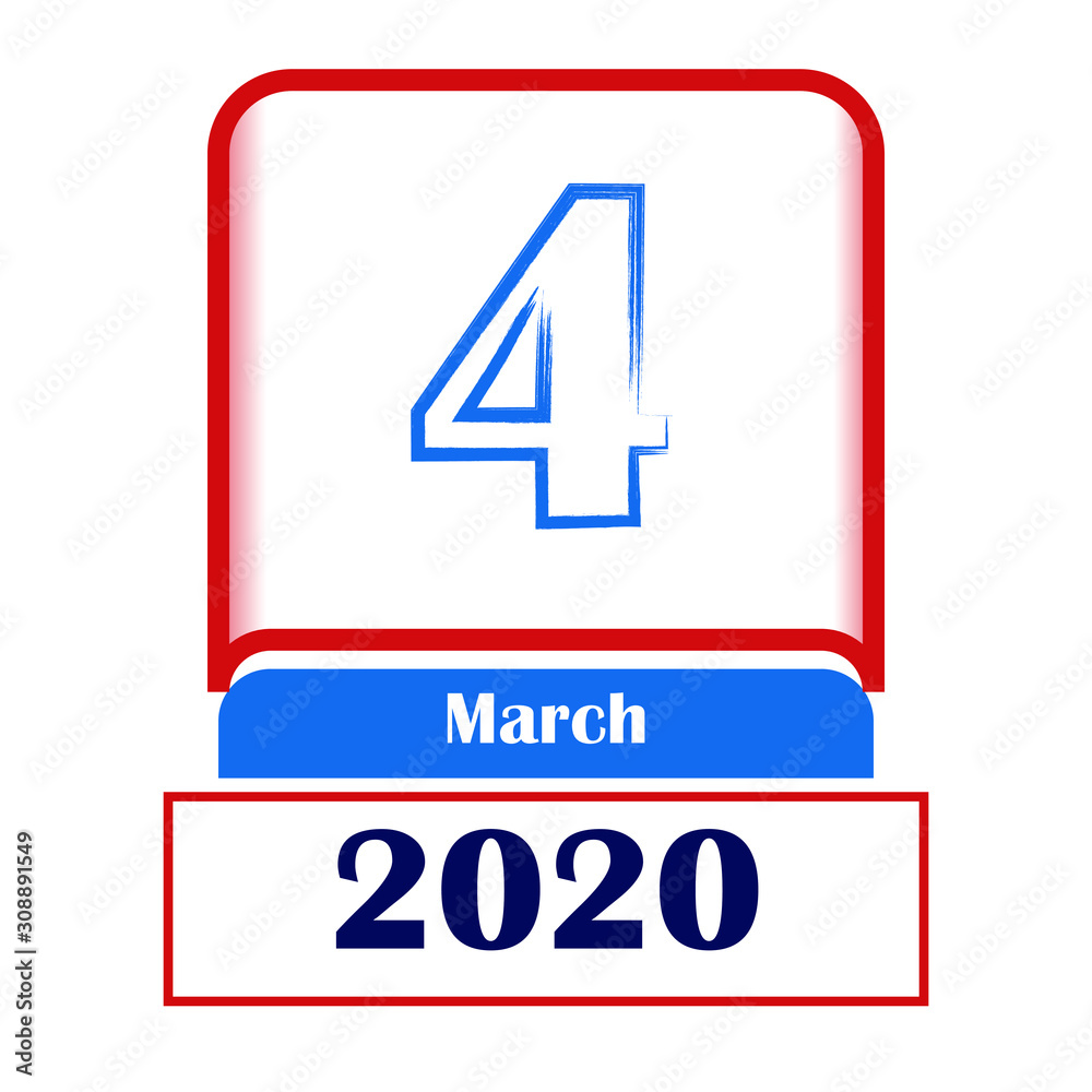 4 March 2020. Vector flat daily calendar. Date, month. 4 March 2020. Vector flat daily calendar. Date, month.