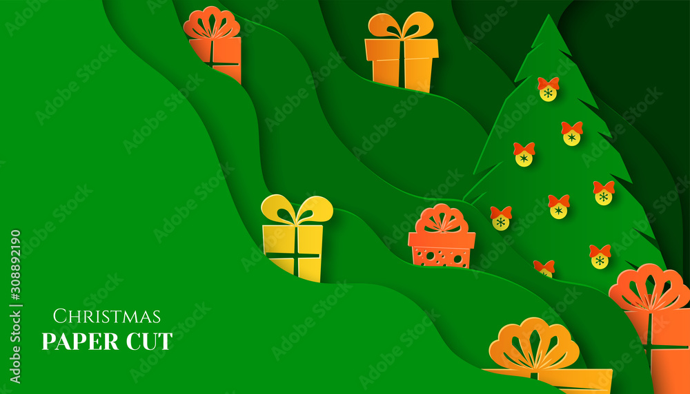 Fototapeta premium Poster in paper art. Christmas fir and gifts in a multilayer illustration. Place for text. Business card design.