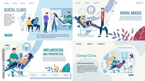 Stomatology and Dentistry. Tooth Healthcare Services Flat Landing Page Set. Setting Braces, Prosthetics, implantation. Diagnosis and Treatment. Dentist and Patients. Vector Cartoon Illustration photo