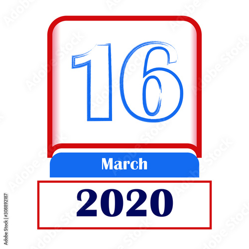 16 March 2020. Vector flat daily calendar. Date, month. 