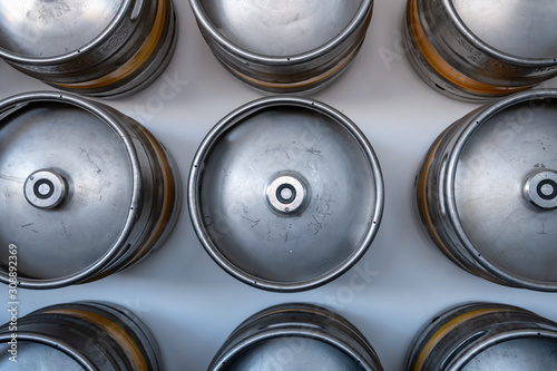 Aluminium beer barrels at beer factory photo