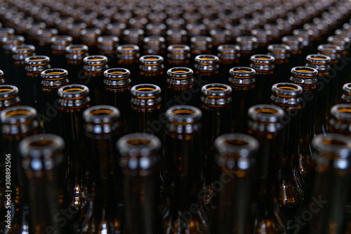 Many empty beer bottles rows