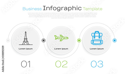 Set line Eiffel tower, Plane and Hiking backpack. Business infographic template. Vector