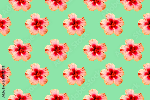 Seamless pattern image of hibiscus flowers on pastel color