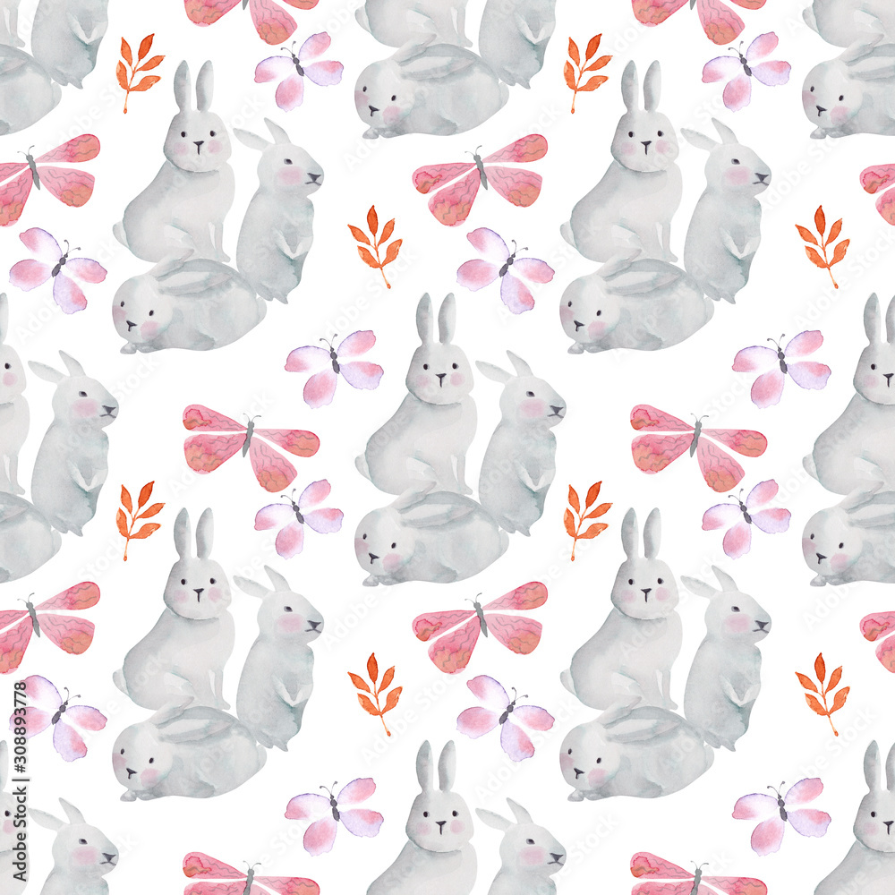 Watercolor seamless pattern with hares, butterflies and twigs of plants