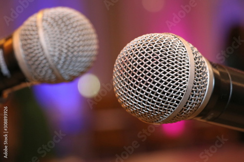 Microphone. Microphone on stage. Wireless sound equipment.Selective focus