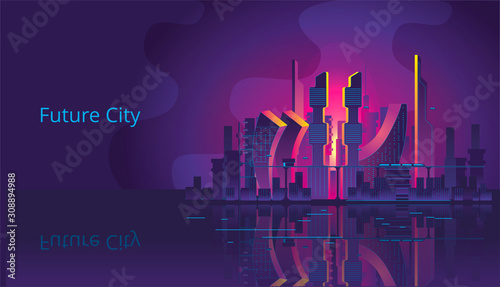 Fantastic city in the style of cyberpunk. Night city of the future on the banks of the river. Vector illustration in retro style in neon colors.
