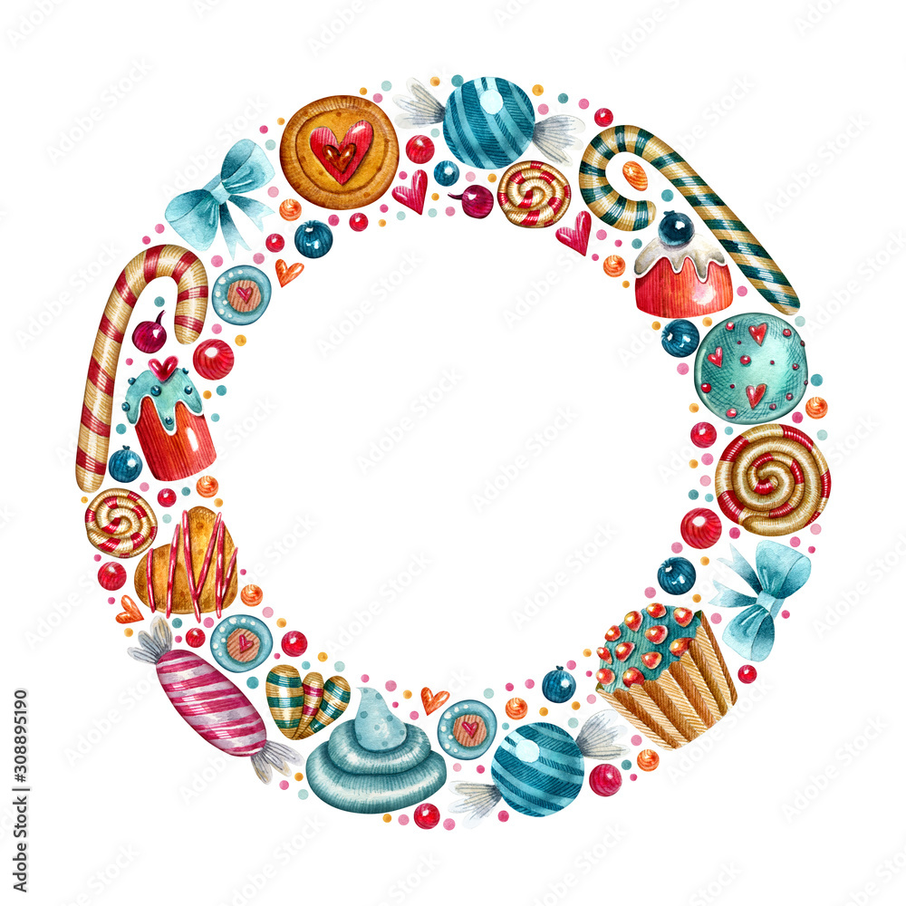 Watercolor round frame with cookies, lollipops, confectionery and decor elements on the white background. Bright cartoon concept for invitations, posters, greeting cards and other designs.