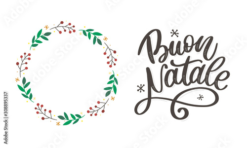 Buon Natale. Merry Christmas Calligraphy Template in Italian. Greeting Card Black Typography on White Background. Vector Illustration Hand Drawn Lettering.