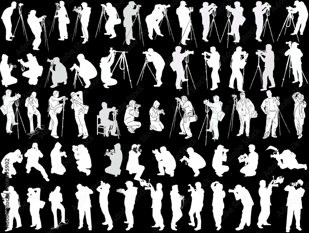 fifty nine photographer silhouettes isolated on black