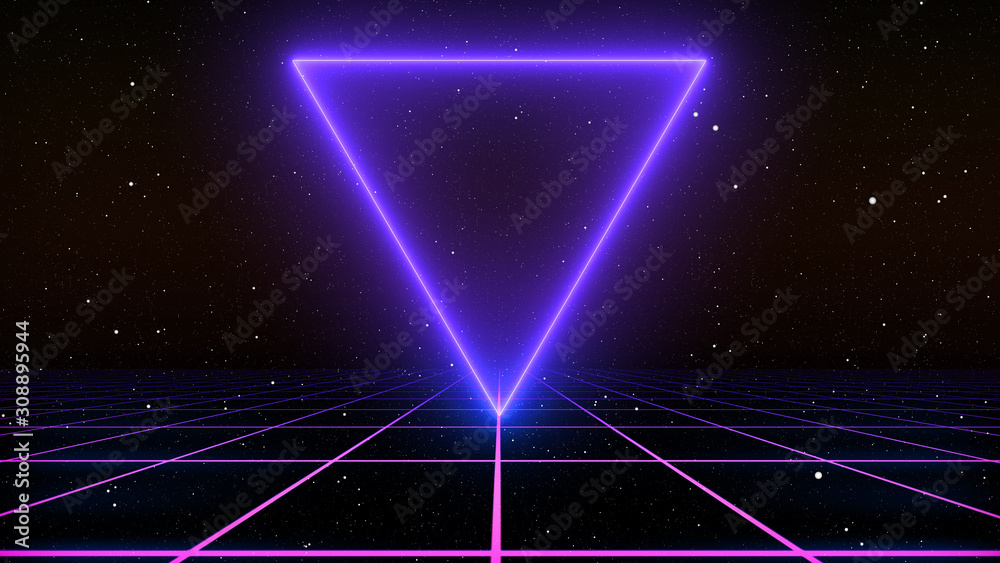 80s Retro Sci-Fi Neon Background Futuristic Grid landscape. Digital cyber surface style of the 1980`s. 3D illustration
