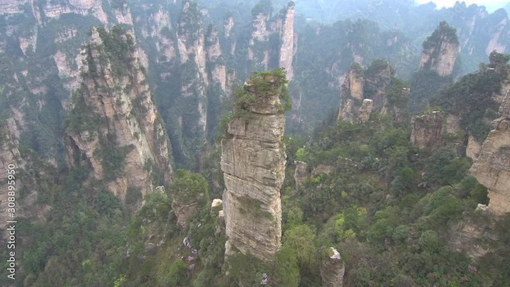 Drone footage of tall rock pillars (forest) and vegetation on them in ...