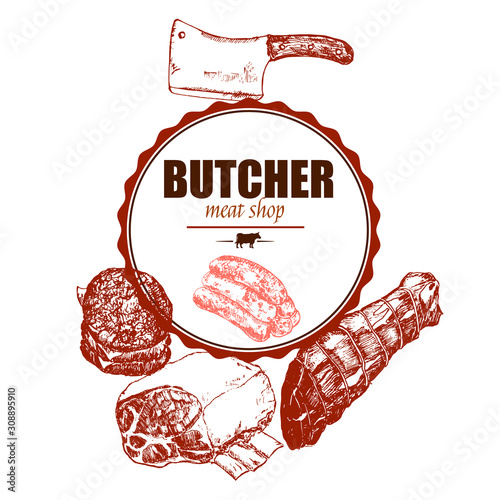 Meat butcher shop hand drawn sketch vector vintage illustration for lgo, poster or badge identity. Meat shop label poster design with beef steak, filet and burgers.