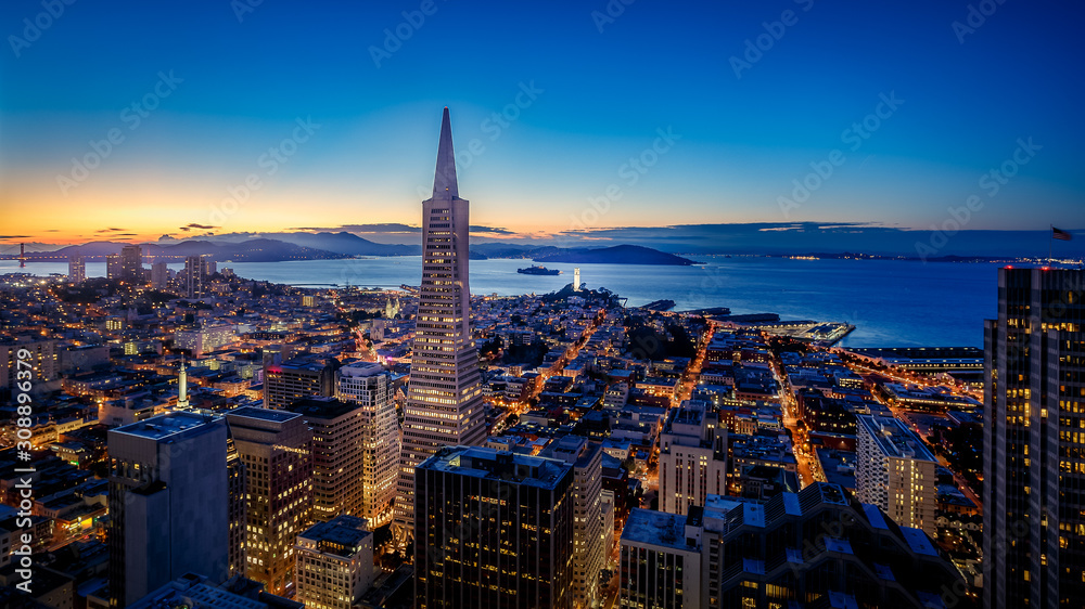 Aerial cityscape view of San Francisco at night