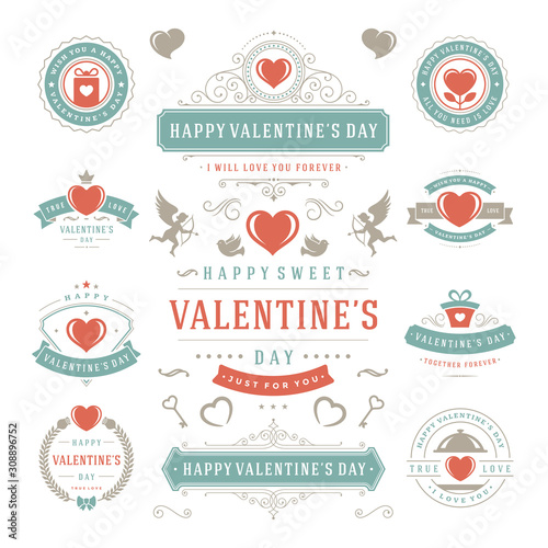Valentines day vector labels and badges set hearts icons silhouettes for greetings cards