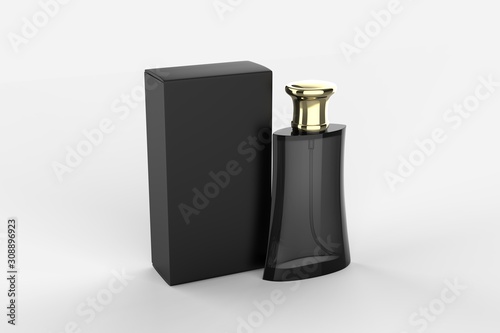 Blank perfume bottle and box for branding. 3d render illustration.