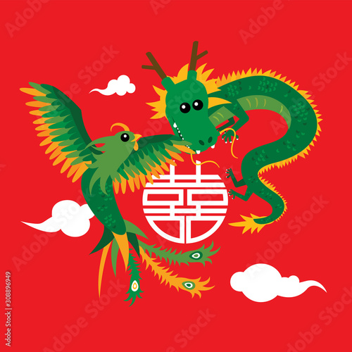 Cute dragon and phoenix illustration