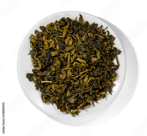 Green tea top view on white background