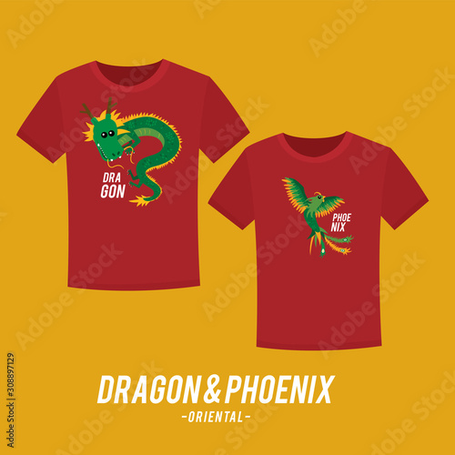 Couple tee shirt design with cute dragon and phoenix