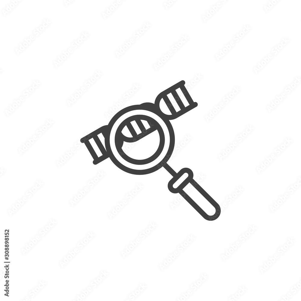 DNA molecule and magnifying glass line icon. linear style sign for mobile concept and web design. DNA, genetics research outline vector icon. Symbol, logo illustration. Vector graphics DNA molecule and magnifying glass line icon. linear style sign for mobile concept and web design. DNA, genetics research outline vector icon. Symbol, logo illustration. Vector graphics