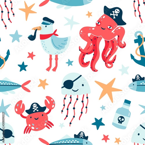 Pirate marine animals flat vector seamless pattern. Childish cute backdrop. Underwater world inhabitants. Seagull, jellyfish and octopus cartoon texture. Fish, crab and anchor on white background.