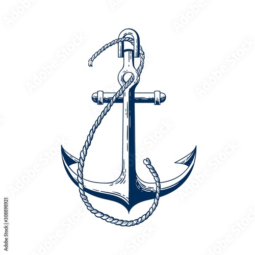 Ship anchor vector illustration. Vessel mooring device. Boat accessory, holding raft in place item, heavy ship attribute. Monochrome forged metal construction isolated on white background.