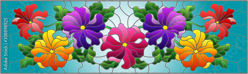 Illustration in stained glass style with floral arrangement of flowers, colorful flowers and leaves on a blue background