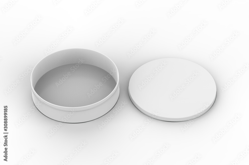 Blank round tin container for branding and design. 3d render illustration. Blank round tin container for branding and design. 3d render illustration.