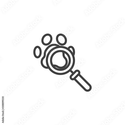 Investigation line icon. linear style sign for mobile concept and web design. Paw print and magnifying glass outline vector icon. Zoology symbol, logo illustration. Vector graphics
