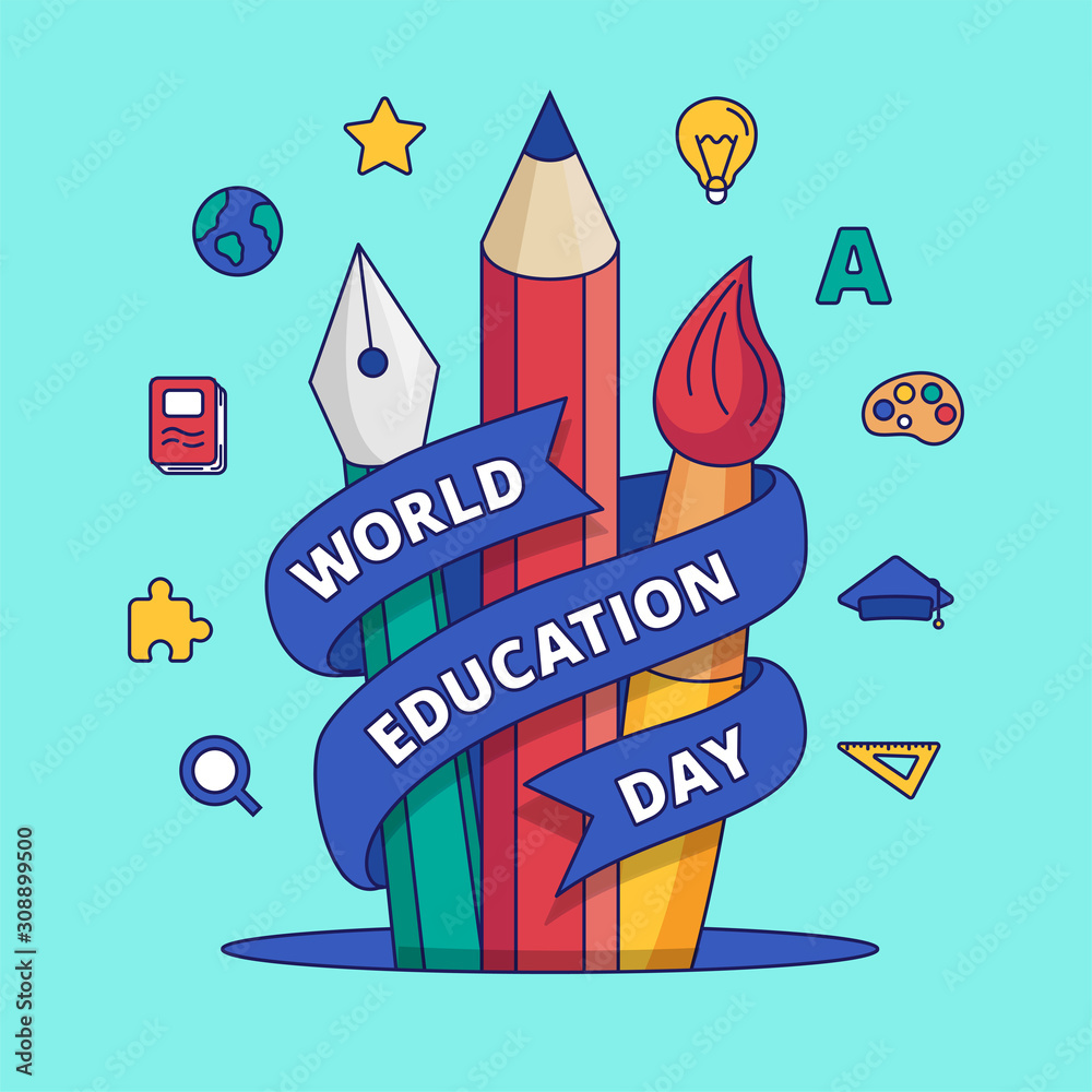 World education day poster background vector illustration design. Pencil  brush pen creativity tool with ribbon wrapped around and school study field  icon collection Stock Vector | Adobe Stock