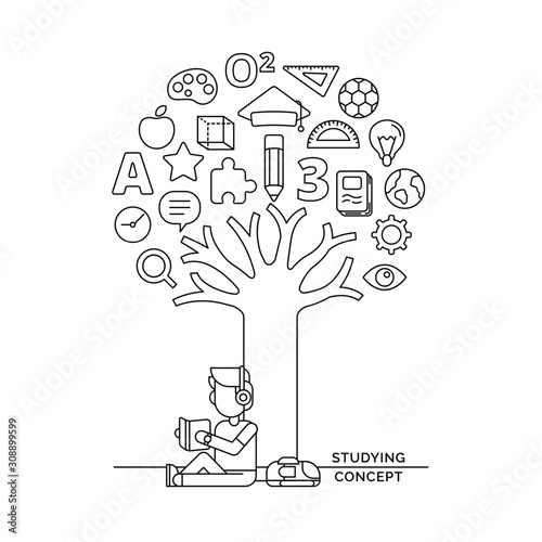 student reading book under the knowledge icon tree vector doodle art illustration for international education day poster background