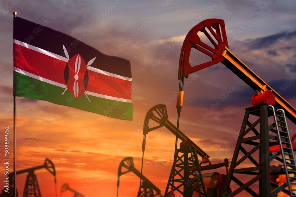 Kenya oil industry concept. Industrial illustration - Kenya flag and oil wells with the red and blue sunset or sunrise sky background - 3D illustration