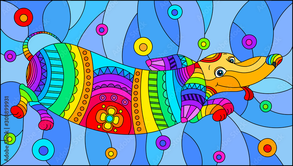 Illustration in stained glass style with abstract rainbow Dachshund dog on blue background