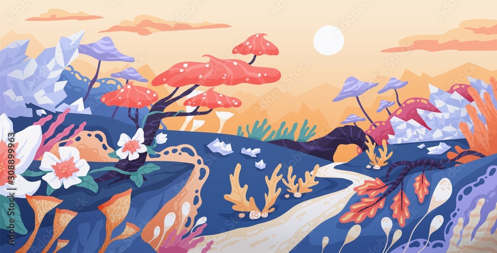 Fantasy World Flat Vector Illustration Fantastic Location Unrealistic Flora Magic Plants Fairy Flowers And Trees Imaginary Kingdom Concept Fanciful Place Magical Forest Beautiful Landscape Stock Vector Adobe Stock