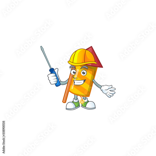 Cool automotive yellow stripes fireworks rocket presented in cartoon character style