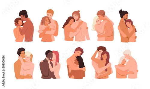 Couples intimate life vector illustrations set. Sexual relations in pairs, physicality, tenderness, cuddle, prelude concept. Young and adult people, homo and hetero couples cartoon characters. photo